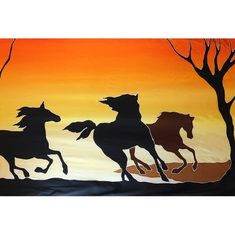 batik painting horse running sunset