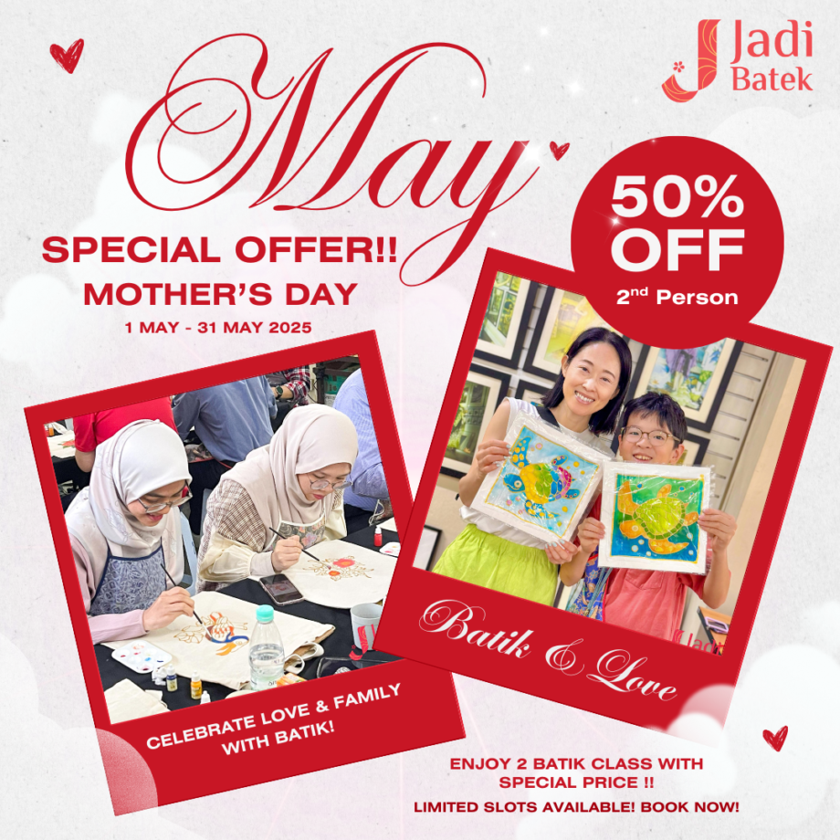 Mother and son joining a batik workshop in Kuala Lumpur for Mother’s Day 2025.