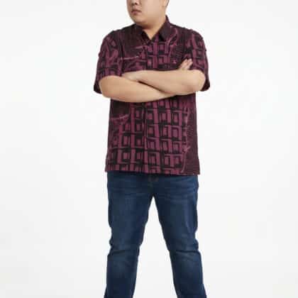 Short Sleeve Batik Shirt | Hand Drawn | 2XL Size | BM002A - Midnight Black & Deep Maroon