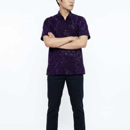 Short Sleeve Batik Shirt | Hand Drawn | M Size | BM002A - Electric Purple & Onyx