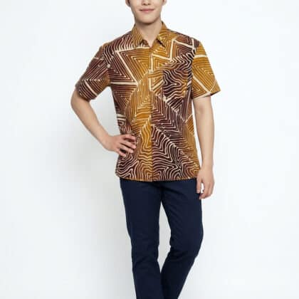Short Sleeve Batik Shirt | Hand Drawn | M Size | BM002A - Earthy Amber & Mocha