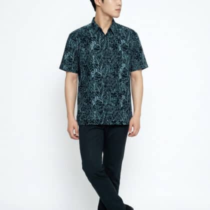Short Sleeve Batik Shirt | Hand Block | XL Size | BM006-160 (Midnight Navy, Forest Green & Cool Grey-Blue)