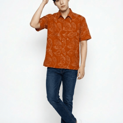 Short Sleeve Batik Shirt | Hand Block | XL Size | BM006-158 (Burnt Orange & Creamy White)