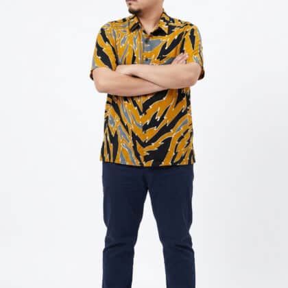 Short Sleeve Batik Shirt | Hand Drawn | XL Size | BM002A - Mustard Gold & Shadow Black