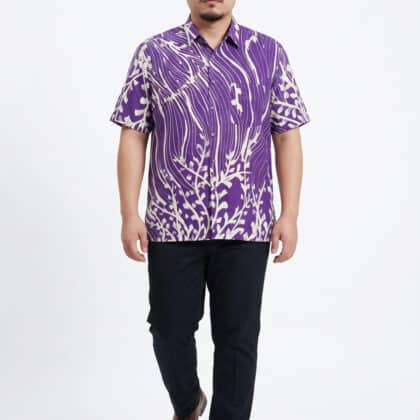 Short Sleeve Batik Shirt | Hand Drawn | XL Size | BM002A - Royal Purple & Frost White