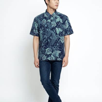 Short Sleeve Batik Shirt | Hand Block | L Size | BM006-161 (Indigo Bloom)