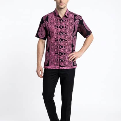 Short Sleeve Batik Shirt | Hand Block | L Size | BM006-164 (Midnight Crimson Paisley)