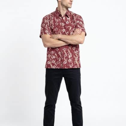 Short Sleeve Batik Shirt | Hand Block | M Size | BM006-165 (Soft Brick Red with Cream and Tan Accents)